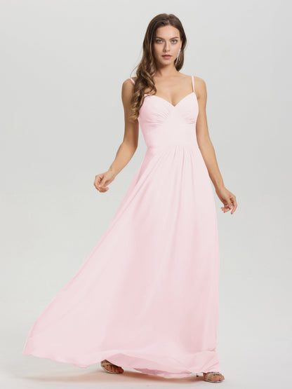 A-Line Spaghetti Straps V-Neck Floor Length Chiffon Bridesmaid Dress