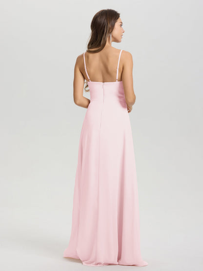 A-Line Spaghetti Straps V-Neck Floor Length Chiffon Bridesmaid Dress