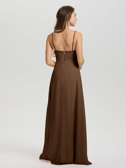 A-Line Spaghetti Straps V-Neck Floor Length Chiffon Bridesmaid Dress