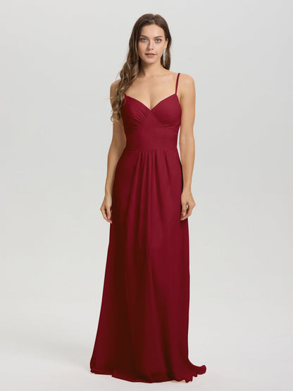 A-Line Spaghetti Straps V-Neck Floor Length Chiffon Bridesmaid Dress