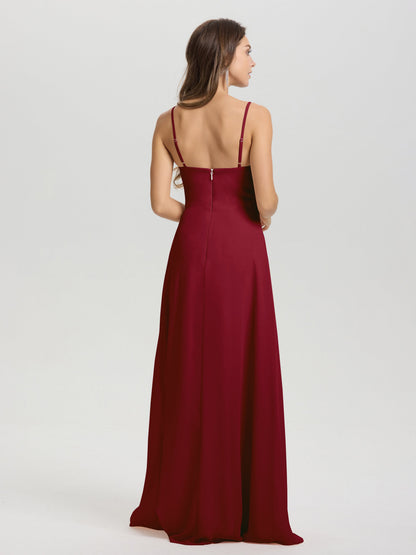 A-Line Spaghetti Straps V-Neck Floor Length Chiffon Bridesmaid Dress