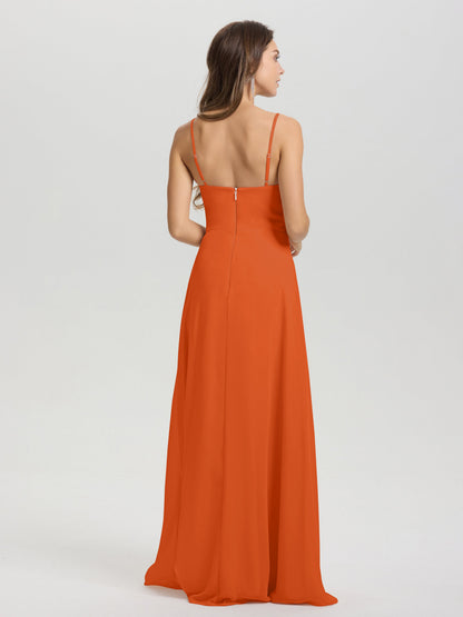 A-Line Spaghetti Straps V-Neck Floor Length Chiffon Bridesmaid Dress