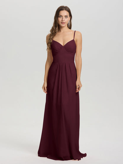 A-Line Spaghetti Straps V-Neck Floor Length Chiffon Bridesmaid Dress