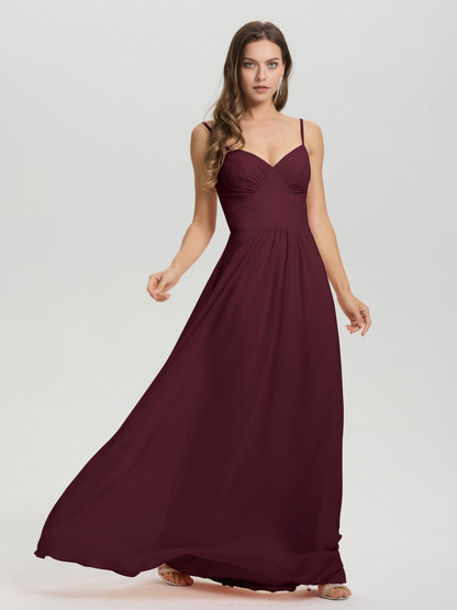 A-Line Spaghetti Straps V-Neck Floor Length Chiffon Bridesmaid Dress