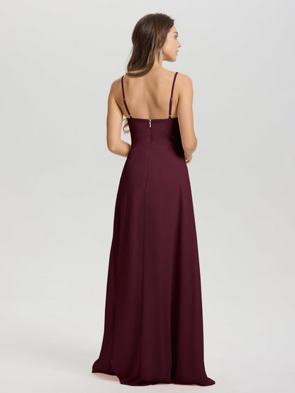 A-Line Spaghetti Straps V-Neck Floor Length Chiffon Bridesmaid Dress