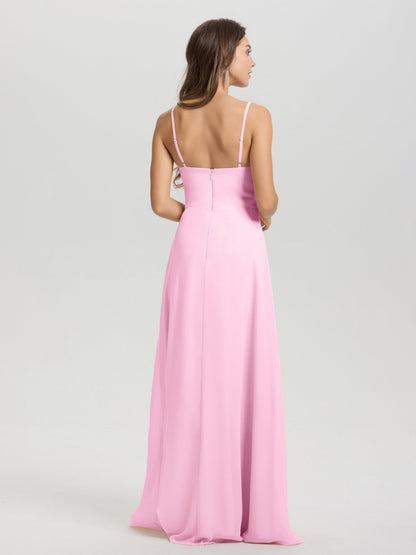A-Line Spaghetti Straps V-Neck Floor Length Chiffon Bridesmaid Dress