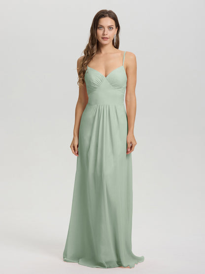 A-Line Spaghetti Straps V-Neck Floor Length Chiffon Bridesmaid Dress