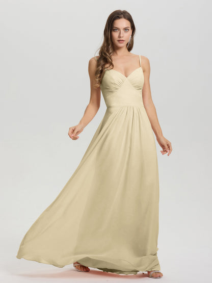 A-Line Spaghetti Straps V-Neck Floor Length Chiffon Bridesmaid Dress