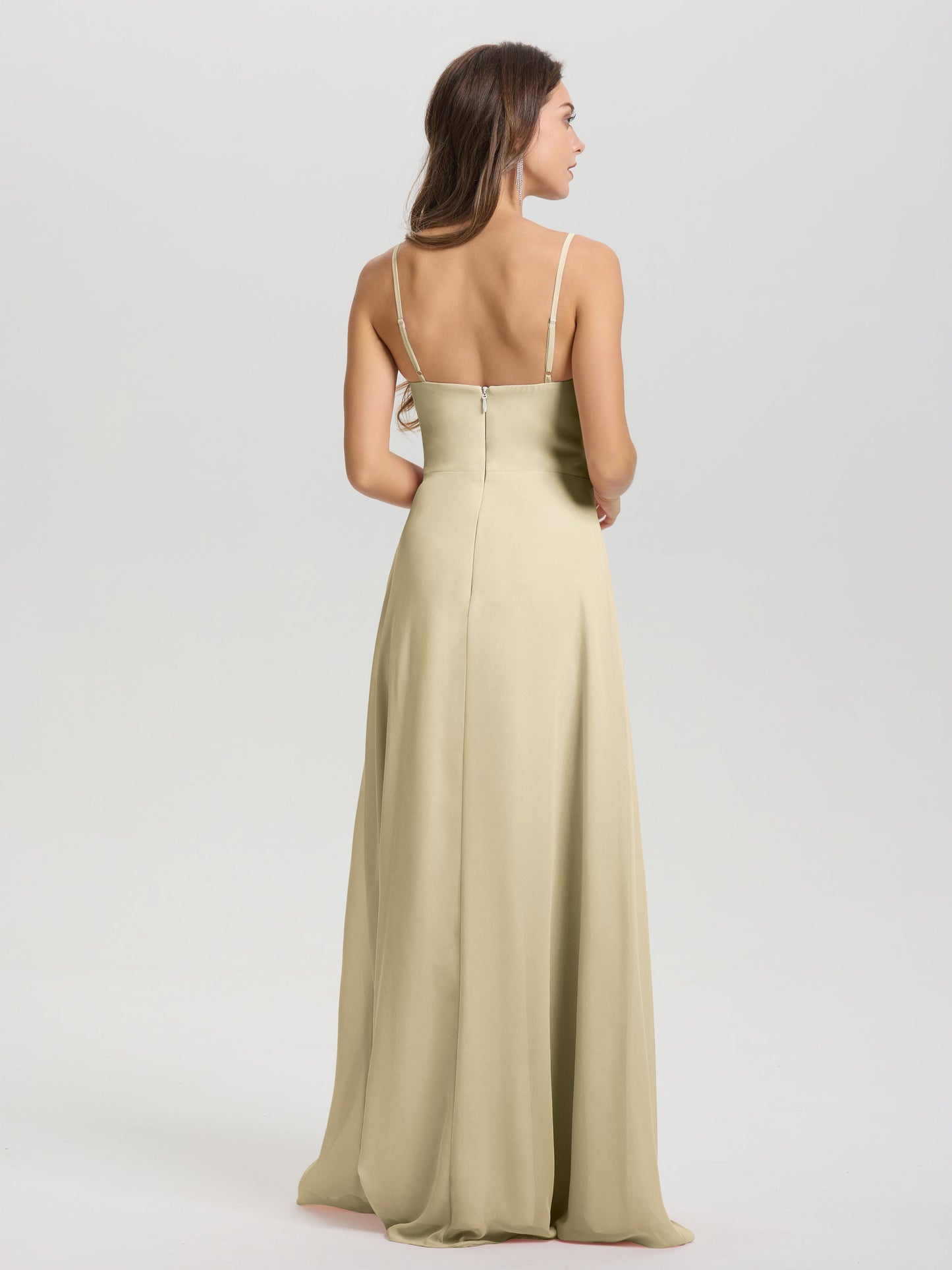 A-Line Spaghetti Straps V-Neck Floor Length Chiffon Bridesmaid Dress