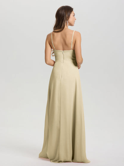 A-Line Spaghetti Straps V-Neck Floor Length Chiffon Bridesmaid Dress