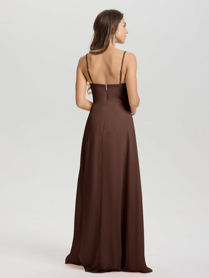 A-Line Spaghetti Straps V-Neck Floor Length Chiffon Bridesmaid Dress