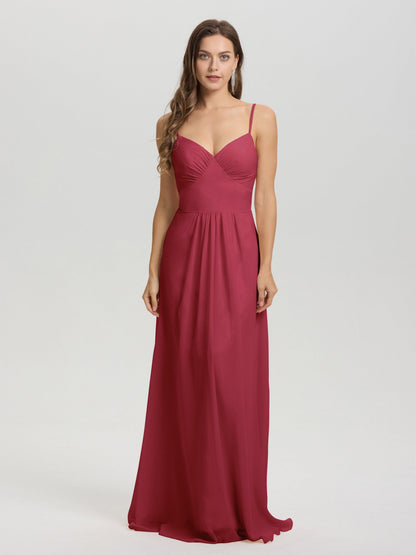 A-Line Spaghetti Straps V-Neck Floor Length Chiffon Bridesmaid Dress