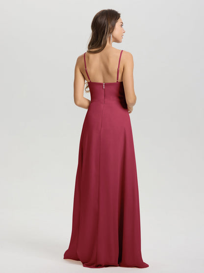 A-Line Spaghetti Straps V-Neck Floor Length Chiffon Bridesmaid Dress