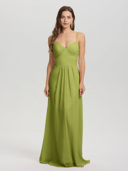 A-Line Spaghetti Straps V-Neck Floor Length Chiffon Bridesmaid Dress