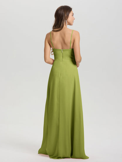 A-Line Spaghetti Straps V-Neck Floor Length Chiffon Bridesmaid Dress
