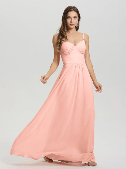 A-Line Spaghetti Straps V-Neck Floor Length Chiffon Bridesmaid Dress