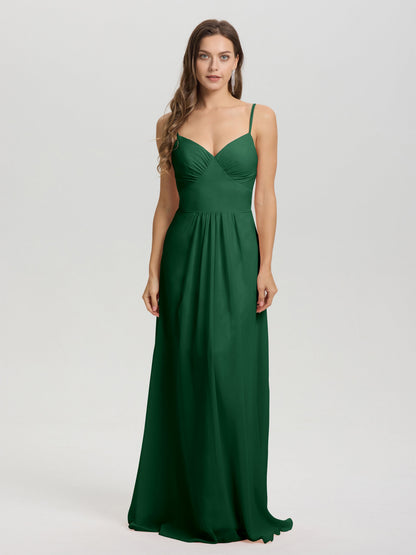 A-Line Spaghetti Straps V-Neck Floor Length Chiffon Bridesmaid Dress