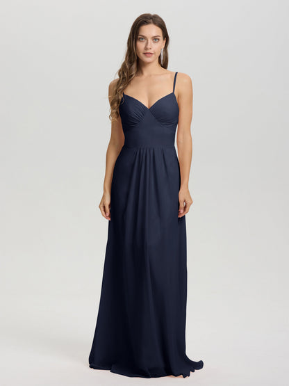 A-Line Spaghetti Straps V-Neck Floor Length Chiffon Bridesmaid Dress