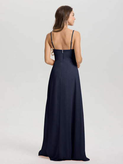 A-Line Spaghetti Straps V-Neck Floor Length Chiffon Bridesmaid Dress