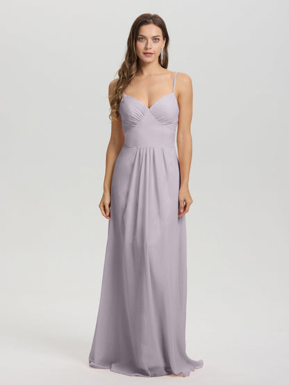 A-Line Spaghetti Straps V-Neck Floor Length Chiffon Bridesmaid Dress