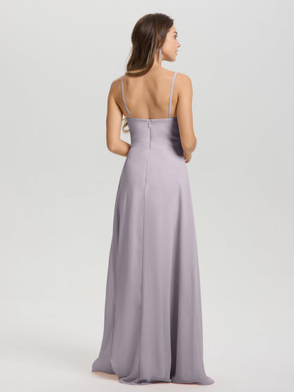 A-Line Spaghetti Straps V-Neck Floor Length Chiffon Bridesmaid Dress