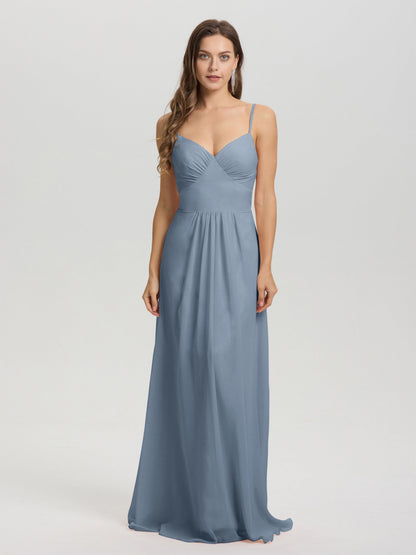 A-Line Spaghetti Straps V-Neck Floor Length Chiffon Bridesmaid Dress