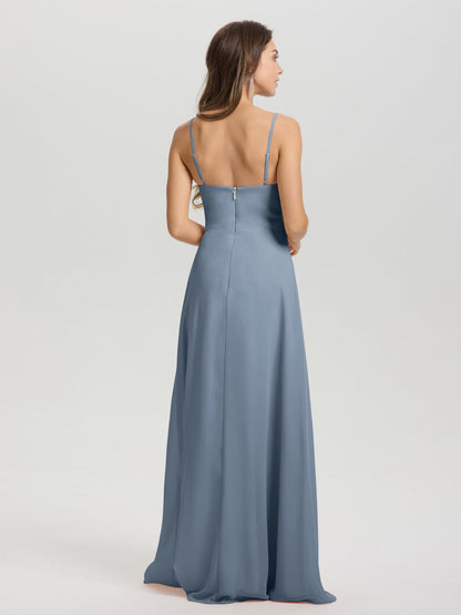 A-Line Spaghetti Straps V-Neck Floor Length Chiffon Bridesmaid Dress