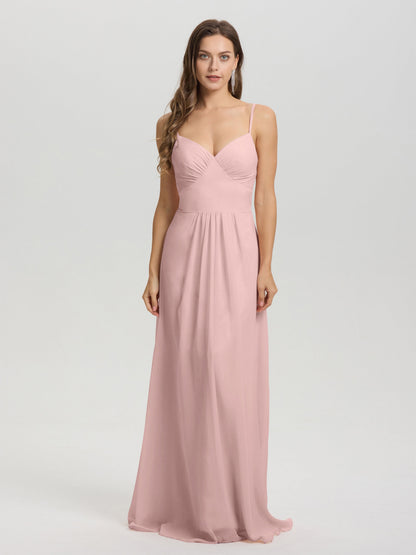 A-Line Spaghetti Straps V-Neck Floor Length Chiffon Bridesmaid Dress