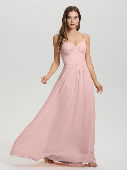 A-Line Spaghetti Straps V-Neck Floor Length Chiffon Bridesmaid Dress