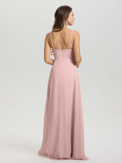A-Line Spaghetti Straps V-Neck Floor Length Chiffon Bridesmaid Dress