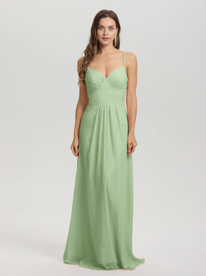 A-Line Spaghetti Straps V-Neck Floor Length Chiffon Bridesmaid Dress