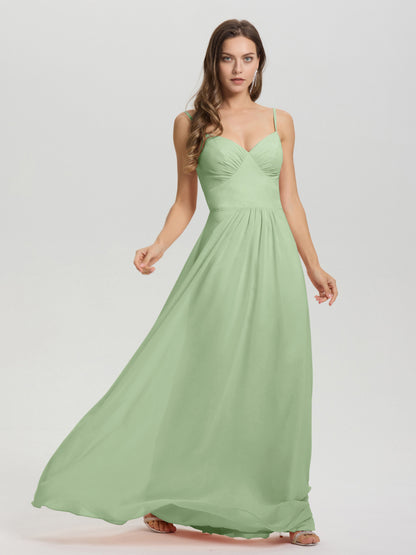 A-Line Spaghetti Straps V-Neck Floor Length Chiffon Bridesmaid Dress