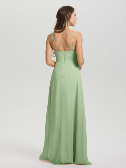 A-Line Spaghetti Straps V-Neck Floor Length Chiffon Bridesmaid Dress