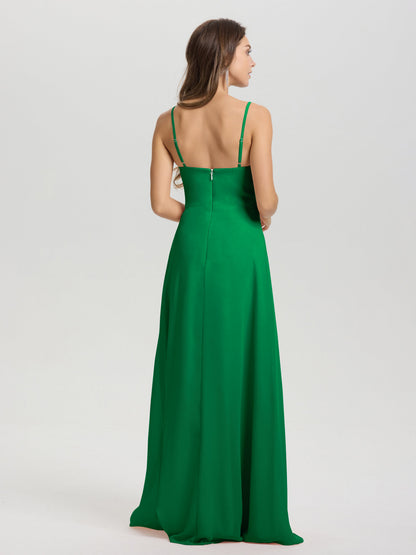 A-Line Spaghetti Straps V-Neck Floor Length Chiffon Bridesmaid Dress