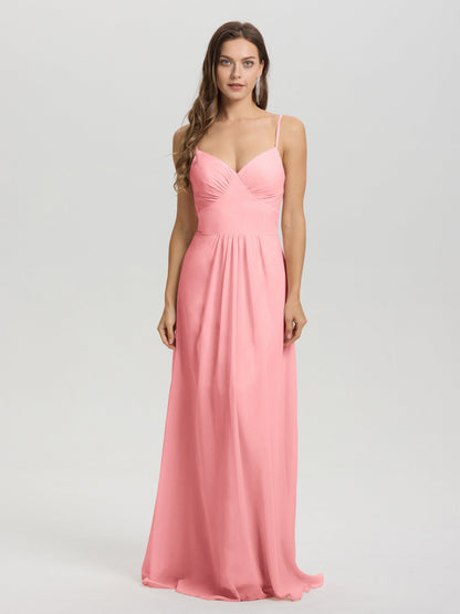 A-Line Spaghetti Straps V-Neck Floor Length Chiffon Bridesmaid Dress