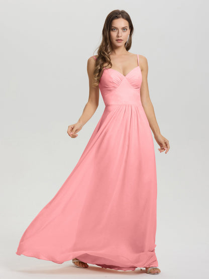 A-Line Spaghetti Straps V-Neck Floor Length Chiffon Bridesmaid Dress