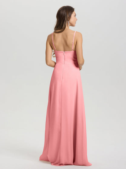 A-Line Spaghetti Straps V-Neck Floor Length Chiffon Bridesmaid Dress