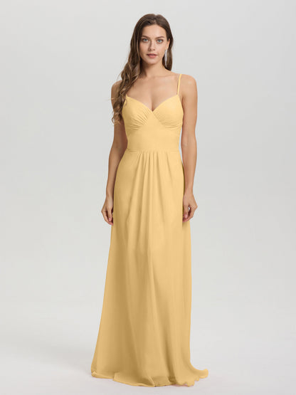 A-Line Spaghetti Straps V-Neck Floor Length Chiffon Bridesmaid Dress