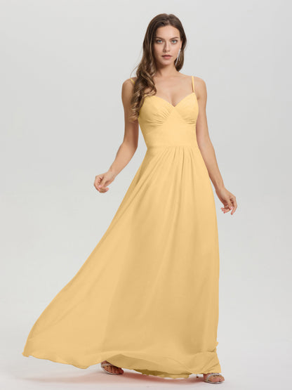 A-Line Spaghetti Straps V-Neck Floor Length Chiffon Bridesmaid Dress