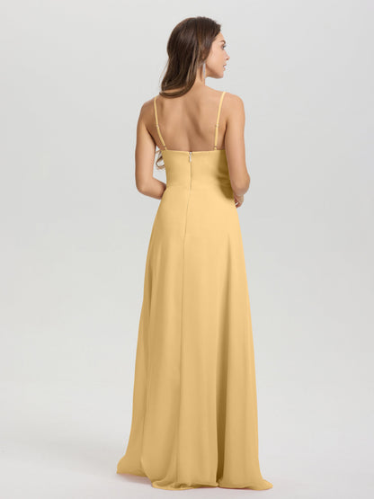 A-Line Spaghetti Straps V-Neck Floor Length Chiffon Bridesmaid Dress