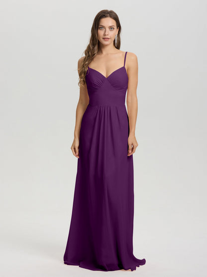 A-Line Spaghetti Straps V-Neck Floor Length Chiffon Bridesmaid Dress