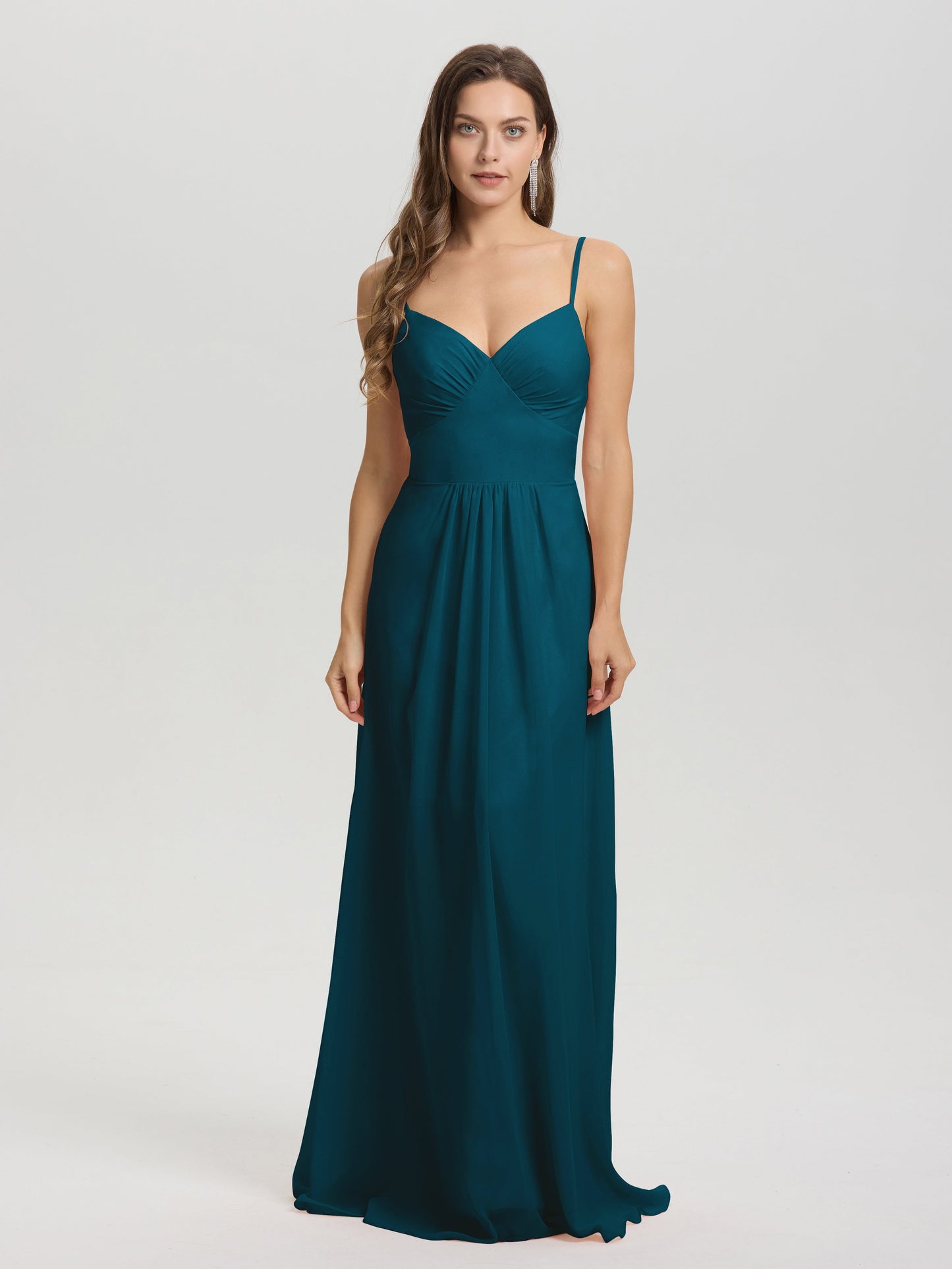 A-Line Spaghetti Straps V-Neck Floor Length Chiffon Bridesmaid Dress
