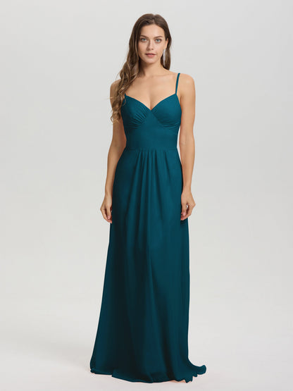 A-Line Spaghetti Straps V-Neck Floor Length Chiffon Bridesmaid Dress
