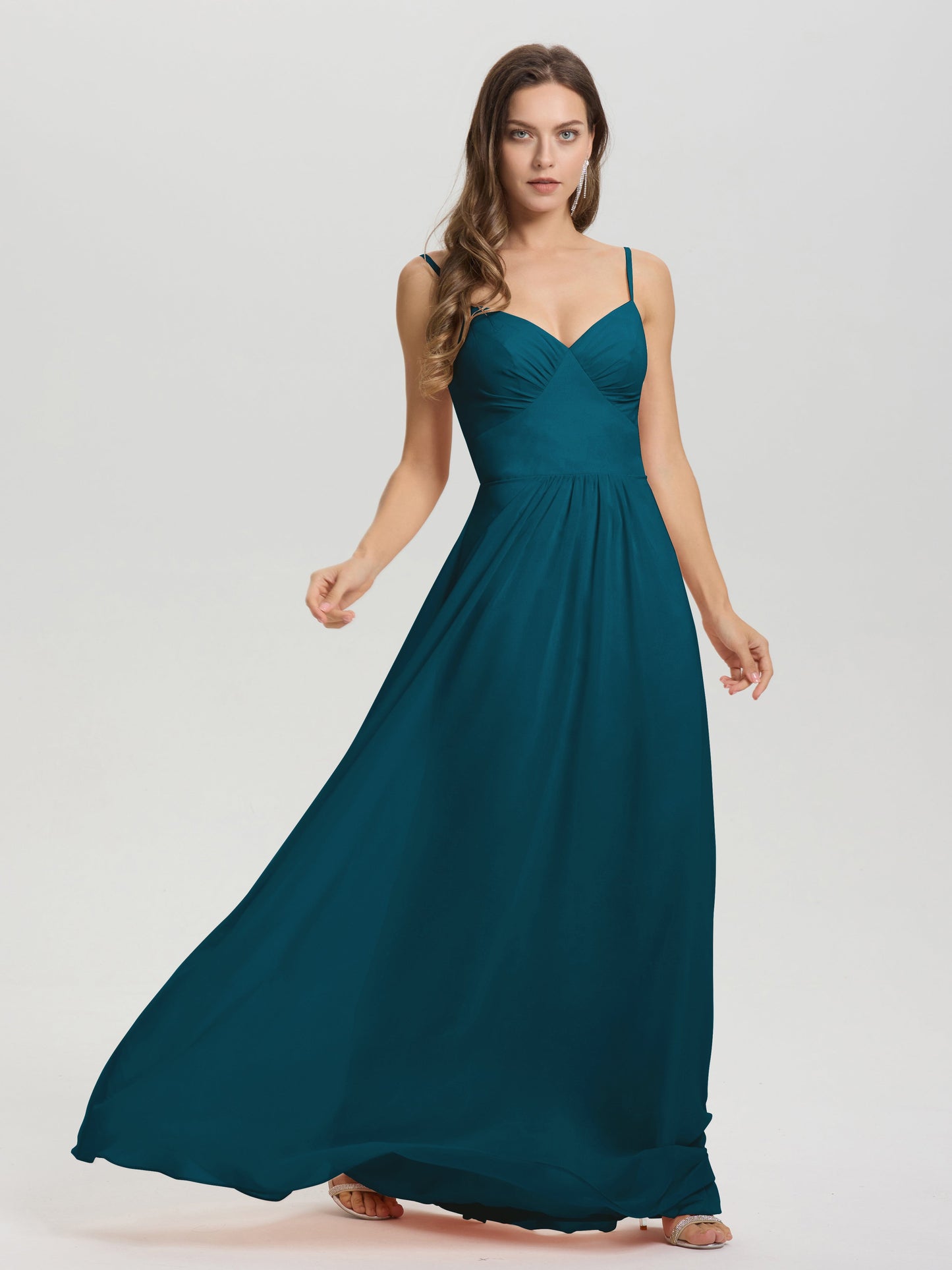 A-Line Spaghetti Straps V-Neck Floor Length Chiffon Bridesmaid Dress