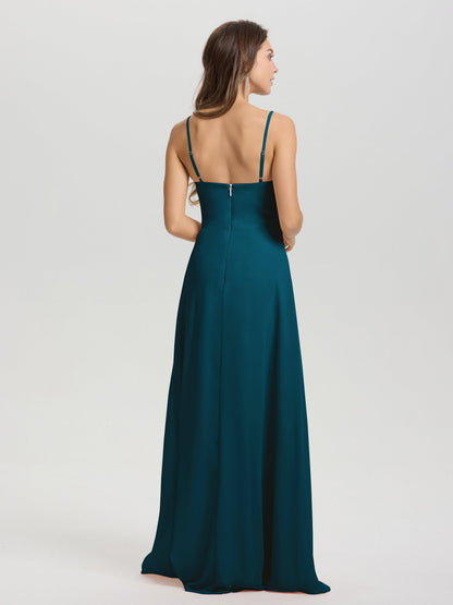 A-Line Spaghetti Straps V-Neck Floor Length Chiffon Bridesmaid Dress