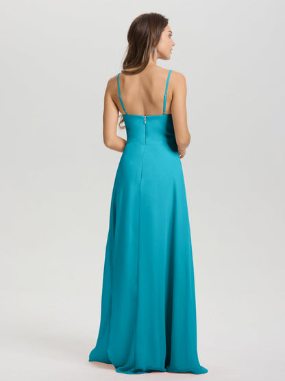 A-Line Spaghetti Straps V-Neck Floor Length Chiffon Bridesmaid Dress