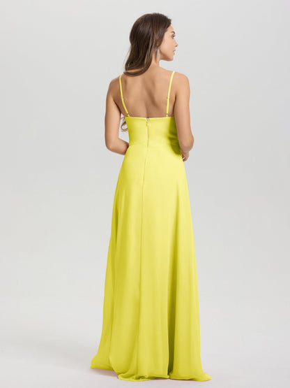A-Line Spaghetti Straps V-Neck Floor Length Chiffon Bridesmaid Dress