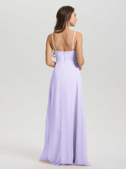 A-Line Spaghetti Straps V-Neck Floor Length Chiffon Bridesmaid Dress