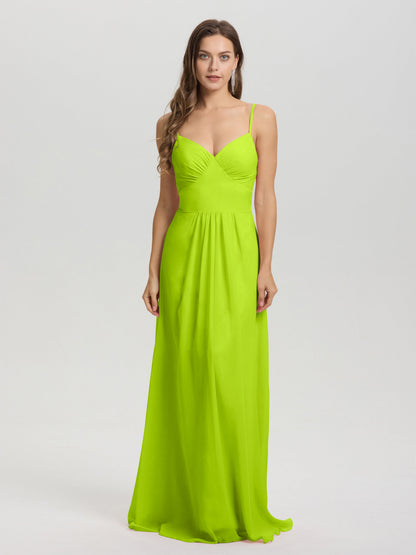 A-Line Spaghetti Straps V-Neck Floor Length Chiffon Bridesmaid Dress