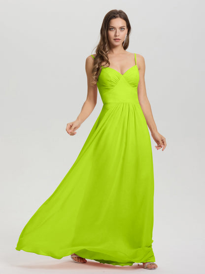 A-Line Spaghetti Straps V-Neck Floor Length Chiffon Bridesmaid Dress
